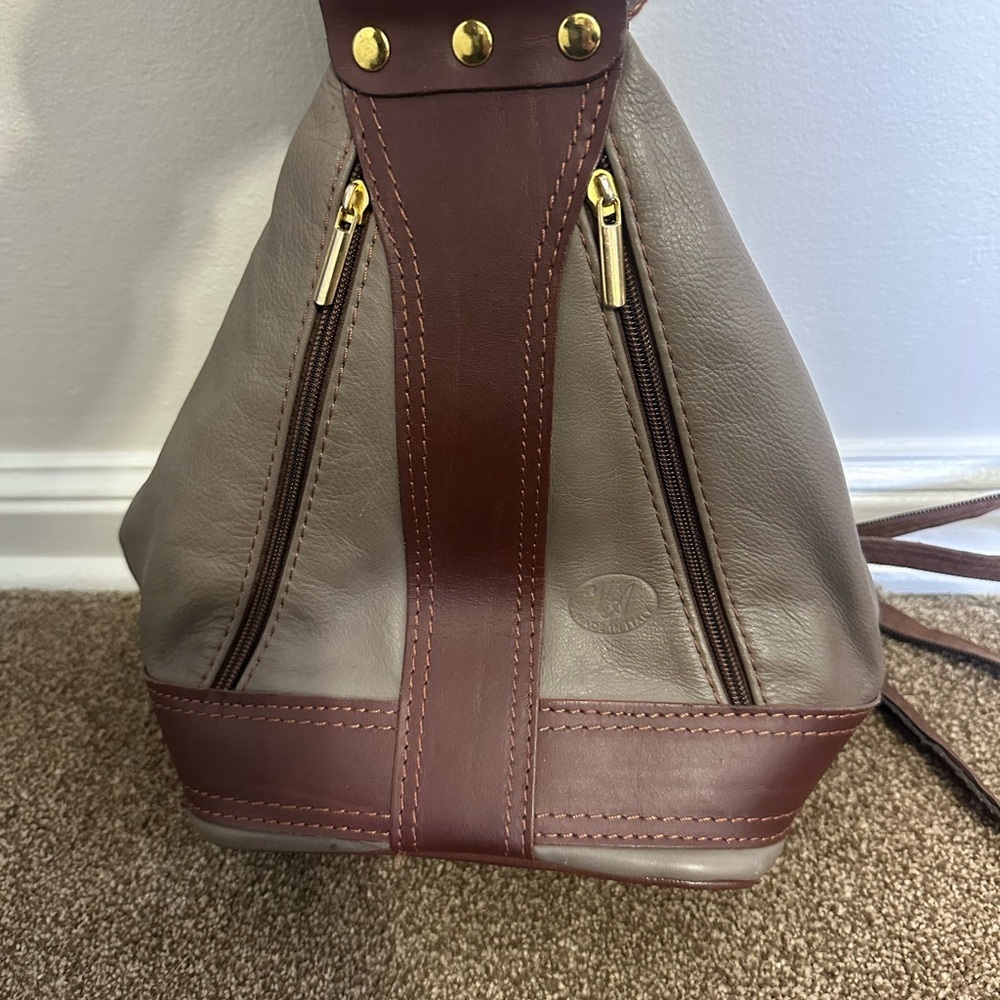 Women's Two-Tone Leather Satchel in Taupe and Brown from Italy